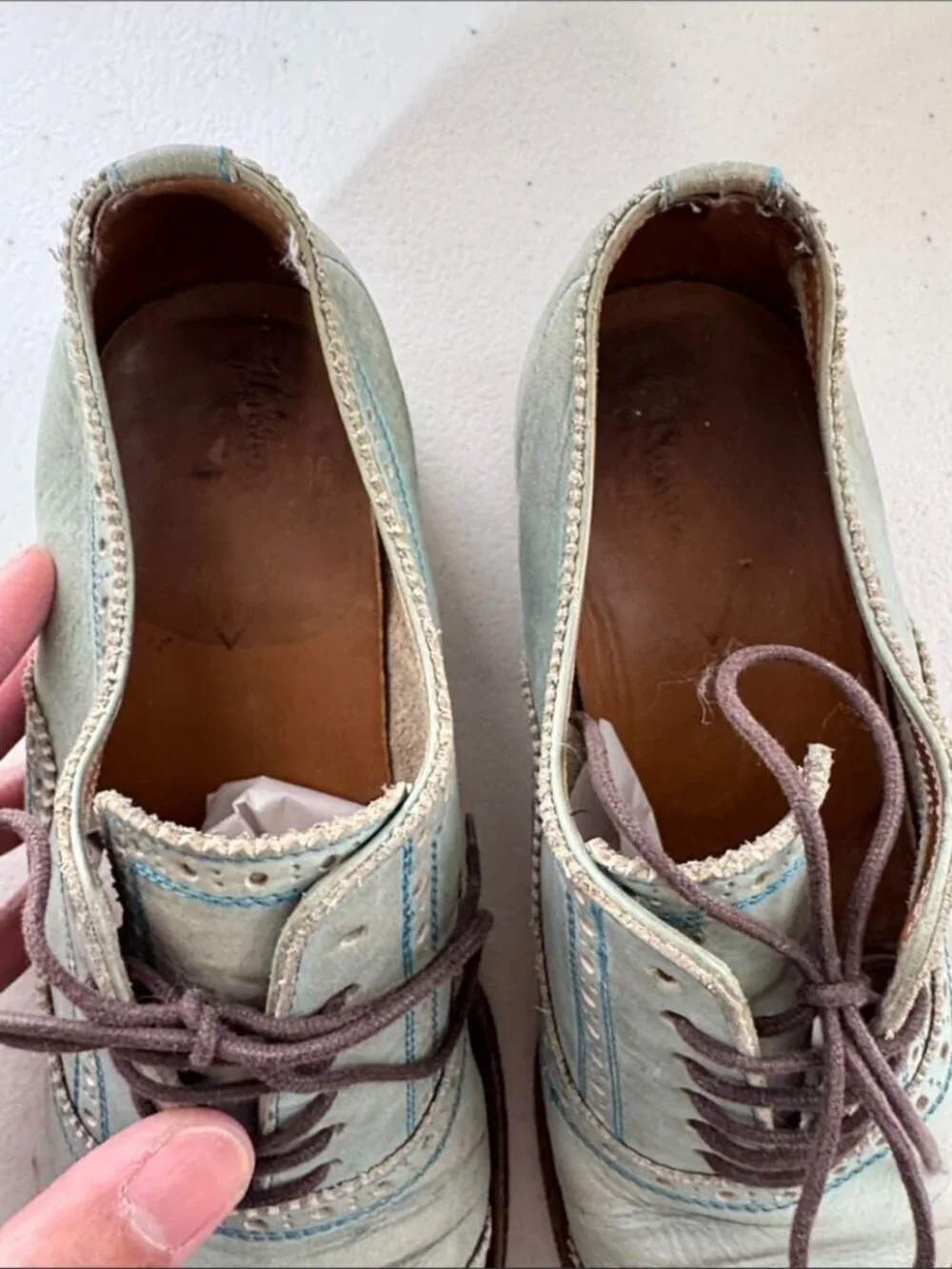 John Fluevog Gateway Oxfords Mint Blue Leather Brogue Shoes Sz M 4.5 Art Chic